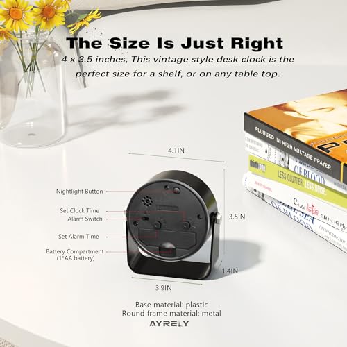 AYRELY® 3.5" Small Analog Travel Alarm Clock, Battery Operated Desk Clock - color: Black