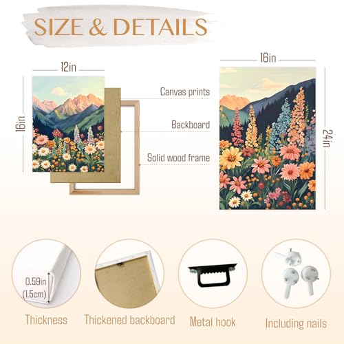 Hianan Wrapped Canvas Boho Moutain Wildflower Wall Art Set of 3, 16x24 in - color: Colourful, size: 24"L x 16"W