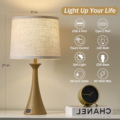 Touch Table Lamps Set of 2, 21" Bedside Lamps with USB C+A - color: Wood Grain