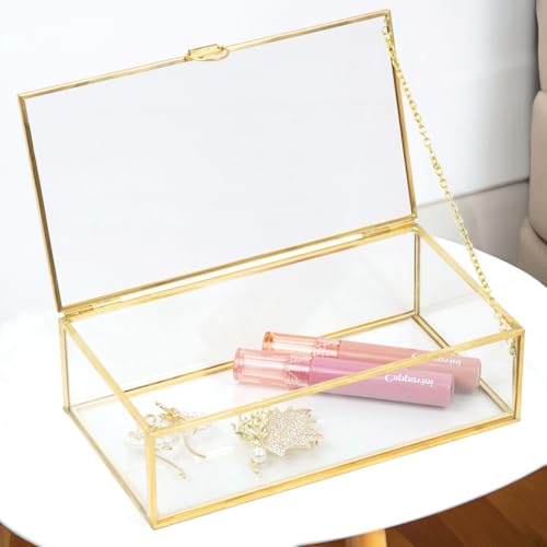 Clear Decorative Glass Box Golden Memory Keepsake Trinket Jewelry Display