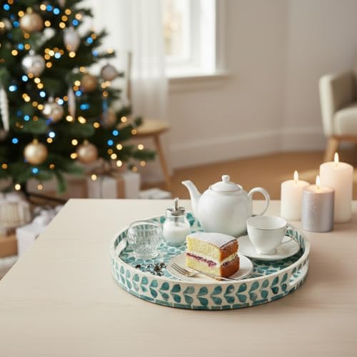 PEMAR 12.6” Mother of Pearl Round Serving Tray with Handles, Decorative Nacred Wooden Ottoman Coffee Table Tray (Teal Floral Pattern) - color: Teal Floral