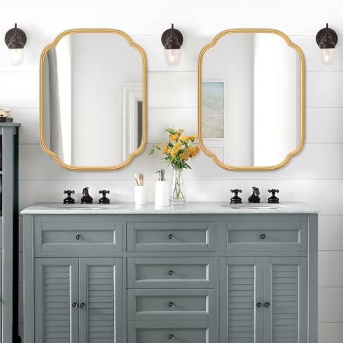Ferytange Gold Mirrors for Bathroom, 18" x 24" Rectangular Wall Mirror for Bathroom Metal Frame Farmhouse Rounded Corner Wall Mirror (Horizontal/Vertical) - color: Gold, size: 24"L x 18"W