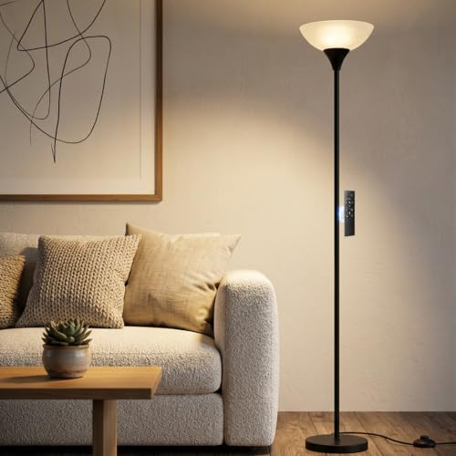 LALISU Floor Lamp, Standing Lamps with Glass Shade, Led Floor Lamp Remote - color: Black and Glass