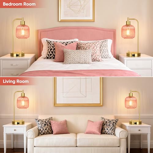Pink Glass Table Lamps Set of 2, Dimmable Bedside Lamps for Living Room - color: Gold&Pink