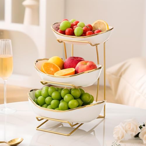Gold Silver Fruit Bowl with Metal Stand, 3 Tier Ceramic White Fruit Bowl Fruit Rack for Kitchen Counter, Tiered Fruit Basket for Snacks Bread Candy Storage (White A (Smooth Surface)) - color: White A (Smooth Surface)