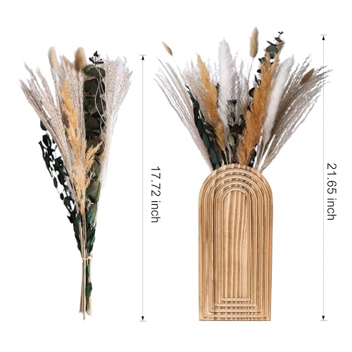 DREAMLOOM 2 Pack Wooden Wall Vases with Dried Pampas Grass and Eucalyptus Plants, Wall Hanging Planters Boho Modern Farmhouse Indoor for Narrow Spaces Entryway Bathroom Home Office Decoration, Retro - color: B-retro