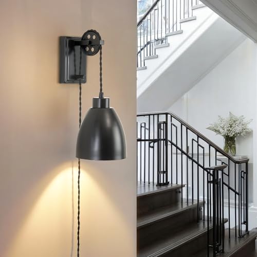 8FT Plug in Wall Sconces Pulley Wall Lamps, Black - color: Black