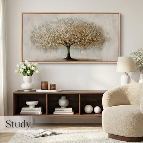 Bzstyleart Large Wood Framed Wall Art Golden Tree of Life Oil Painting Canvas Prints Aesthetic Room Decor Modern Minimalist Home Decor Pictures Artwork for Living Room Bedroom Office 20x40in - color: Tree of Life
