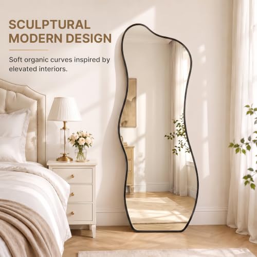Irregular Wall Mirror Full Length with Stand, 63" x 24" Black Asymmetrical Wavy Floor Mirror, Full Body Standing Mirror, Leaning or Wall Mounted for Bedroom, Living Room & Entryway - color: Black - Organic Wave