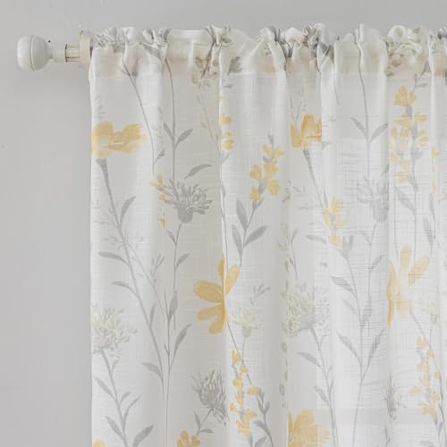 SUOUO Yellow Floral Semi-Sheer Curtains 84 Inches 2 Panels Rod Pocket - color: Yellow-grey, size: 52"W x 84"L (Pack of 2)