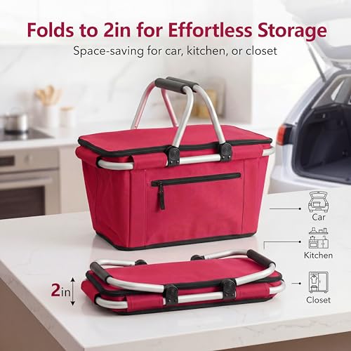 Picnic Basket, SIYUAN 27L Collapsible Insulated Farmers Market Basket for Shopping Traveling Large Grocery Tote Bag with Handles Red - color: Red