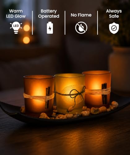 Dawhud Direct Decorative Votive Candle Holders, Vintage Decor Flameless Candlescape Set, 3 LED Tea Light Candles, Rocks and Tray - Fall Table Decor (Earth Tones)