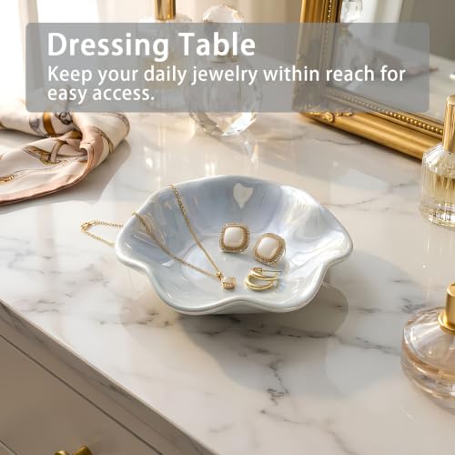 Iridescent Blue Jewelry Dish Tray, Pearlescent Glaze Ring Dish, Ceramic Trinket Tray, Key Bowl, Aesthetic Nightstand Bathroom Room Decor Mothers Day Friendship Christmas Birthday Gifts for Women - color: iridescent blue