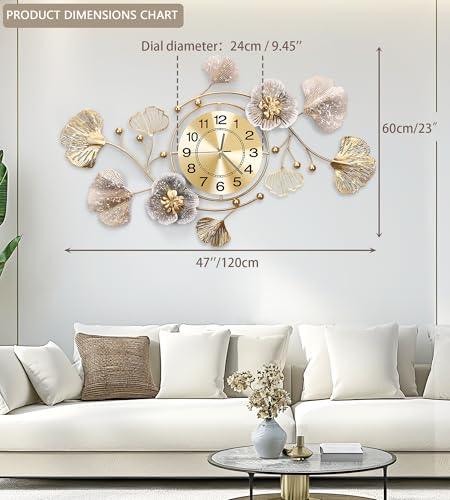 47" Modern Farmhouse Large Decorative Wall Clock, Ginkgo Metal Art - color: Retro Coffee Color, size: 47 x 23 inches