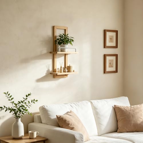 Floating Shelves for Wall, 2 Tier 16" Wood Wall Shelf with Anti-Slip Guardrail, Rustic Boho Wall Decor for Living Room, Bedroom, Bathroom, Heavy Duty Plant Shelf, 20 lbs Capacity - color: Natural Wood Color