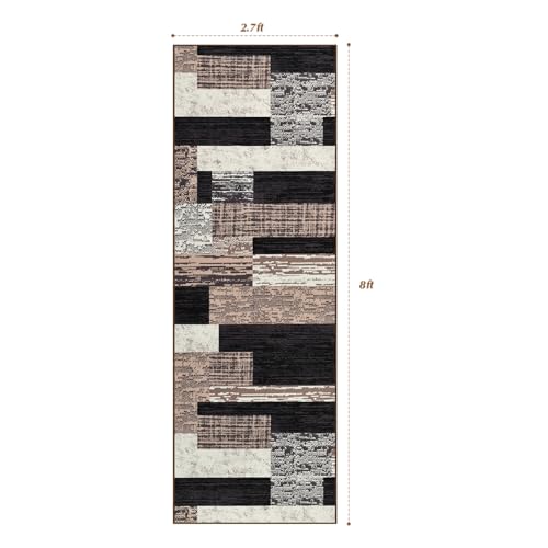Indoor Washable Runner Rug with Rubber Backing, Modern Geometric Patchwork - color: Chocolate, size: 2.7' x 8' (Rectangular)