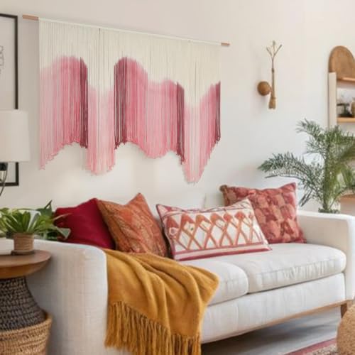 Macrame Wall Hanging Large Pink Dip Dye Boho Home Fiber Wall Art 57"W*39"L - color: Pink