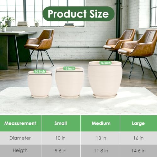 QRRICA Large Round Plastic Planter Set of 3 – 16+13+10 Inches with Drainage & Rubber Plugs – Indoor Outdoor Pots for Flowers, Vegetables, Herbs (White, 16+13+10 inch) - color: White, size: 16+13+10 inch