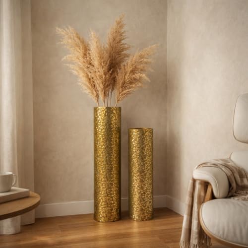 Leewadee Set of 2 Large Floor Vases Metal for Pampas Grass - color: Gold