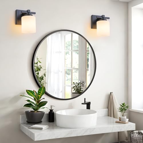 Modern Bathroom Light Fixtures Over Mirror, Vanity Lights for Bathroom Wall Sconces with Milky White Glass Shades, E26 Socket (Bulbs Not Included), 1 Light, Black - color: Black, size: 4.72 inch-1-Light