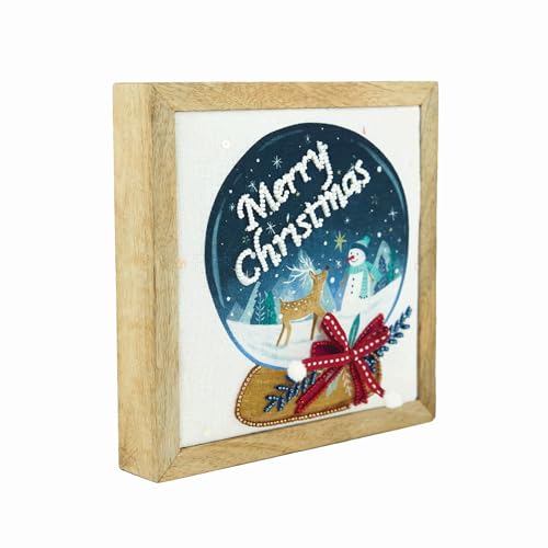 GALLERIE II 7" x 7" Christmas Merry Christmas Snow Globe Design Decorative Shelf Sitter Block Xmas Festive Winter Holidays Home Living Room Table Tabletop End Table Fireplace Mantle Decor Decoration