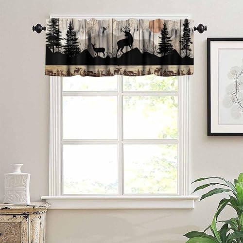 Retro Cabin Valance, Rustic Farmhouse Wooden Barn Door Wild Animals Deer Country Misty Forest Coniferous Trees Print Short Window Curtains for Kitchen Bedroom, 54x18inch - color: Deer-4