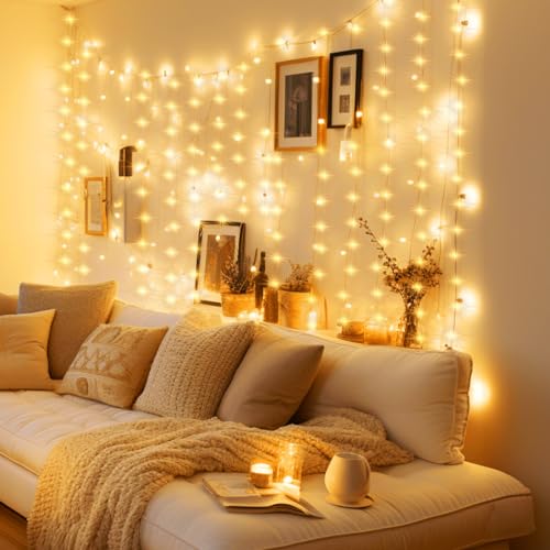 Minetom Curtain Lights, 300 LED Dimmable Twinkle Fairy Lights, 8 Modes - color: Warm White, size: 2 Pack