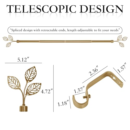RYB HOME Gold Curtain Rod for Windows 1 Inch Modern Luxury Leaf Finials - color: Gold, size: 48-86"