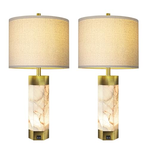 Scenekoy 68.6cm(27인치) 알라바스터 테이블 램프 2개 세트, 야간 조명이 있는 테이블 램프 - color: 퓨어 화이트.