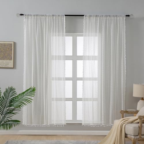 WAZZIO Boho Lace Curtains 72 Inches 2 Panel,Light Filtering Privacy Tassel & Geometry Crochet Semi Sheer Curtain Drapes for Bedroom Living Dining Room,Rod Pocket & Tassel,Victorian Decor,Off White - color: Off White, size: 59"W x 72"L (Pack of 2)