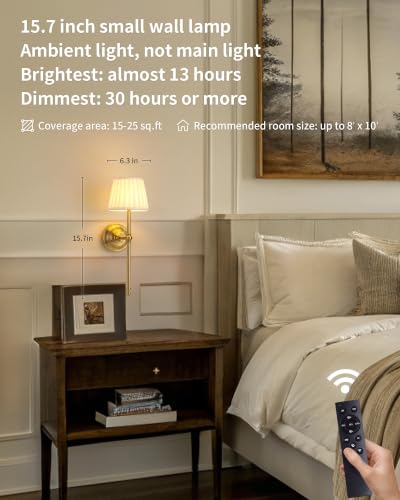 KDG Gold Cordless Wall Sconces Set of 2, Beige Fabric LED Wall Lamps - color: Gold + Beige Lampshde (2 Pack)