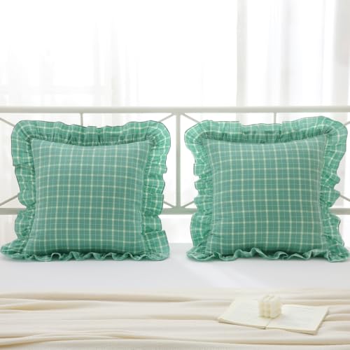Mywinlle Mint Green Plaid Ruffle Throw Pillow Shams 18"x18" Set of 2 - color: Mint Green Plaid, size: 18" x 18" (Pack of 2)