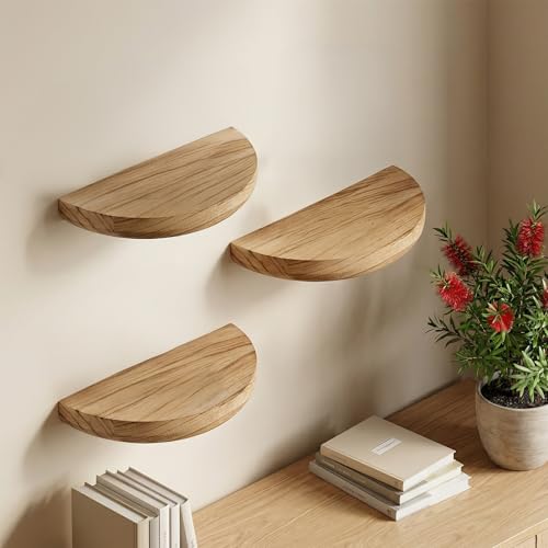 4 Pcs Small Floating Shelves for Wall,8.27 Inch Solid Wood Half Round Floating Shelves Rustic Sturdy Invisible Wall Mount Display for Small Plants for Living Room Bedroom