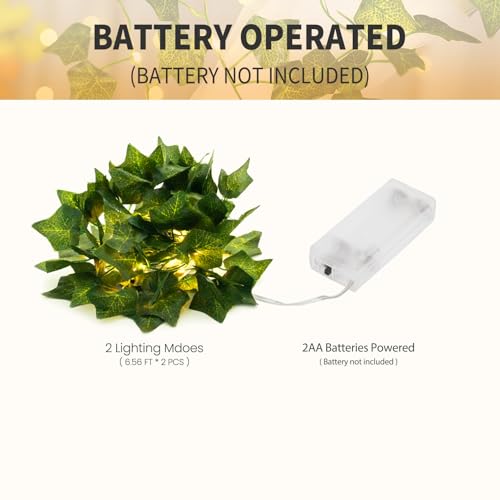 KASZOO 2 Pack 6.56 Ft Vines with Fairy Lights Battery Operated, 40 LEDs Artificial Garland Plant Vine Fairy Light, Hanging Ivy Lights for Bedroom Garden Party Wall Room Decor