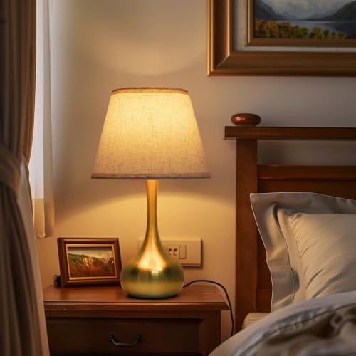 ONEWISH Touch Table Lamp for Bedroom, 3-Way Dimmable Gold Bedside Lamps for Nightstand with Fabric Shade,17.32'' Desk Lamp for Kids Reading, Home Office - color: Beige Linen Mushroom Shade & Gold Base