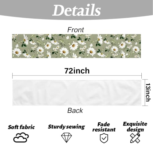 Olive Green Daisy Flowers Spring Table Runner, Table Runners 72 Inches Long - color: White Daisy