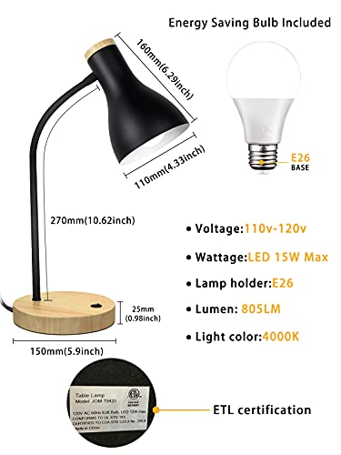 LALISU Metal Desk Lamp Table Lamp Reading Lights Arc Desk Lamps Wood Base - color: Wood Base+Black