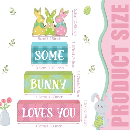 4 Pcs Easter Bunny Table Sign Wooden Table Decor Farmhouse Holiday Sign Easter Tabletop Centerpieces Spring Wood Blocks Tiered Tray Decor for Home Kitchen(Dot Bunny) - style: Dot Bunny