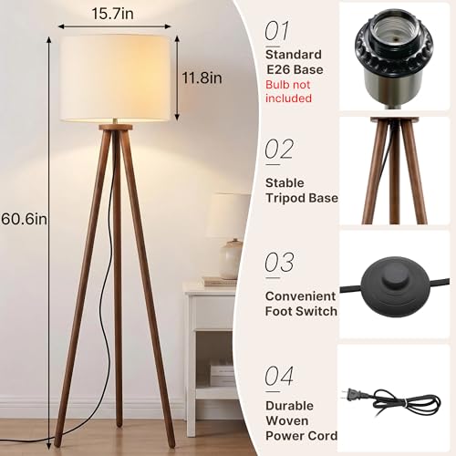 Buruis 60.6 Inch Walnut Wood Tripod Floor Lamp with Linen Drum Shade, Beige - color: Beige