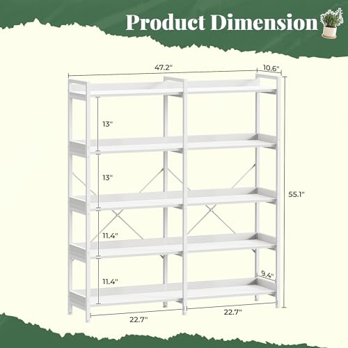 Huuger 5 Tier Bookshelf with 10 Open Shelves and Raised Baffle, White - color: White, size: 5 Tier