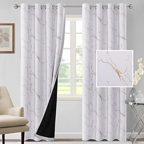 H.VERSAILTEX 100% Blackout Curtains 84 inch Length 2 Panels Set Marble Designs Printed Drapes Thermal Curtains for Bedroom with Black Liner Sound Proof Curtains, Gold - color: Marble- Gold, size: 52"W x 84"L (Pack of 2)