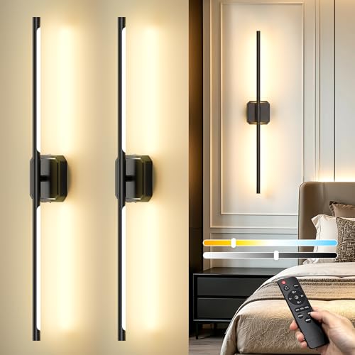Battery Operated Wall Sconces Set of Two, Wireless Wall Lights Touch & Remote Control Rechargeable LED Wall Lamp 2700K-6000K Dimmable Lights for Living Room Bedroom Bathroom Hallway( 29 ", Black) - color: Black