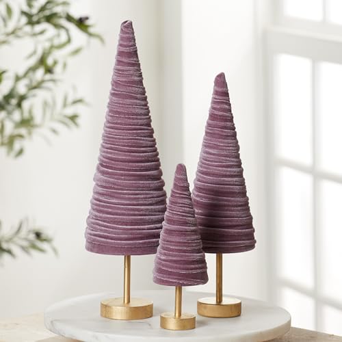 Mulberry Velvet Pedestals Set of 3, Purple Valentine Tree Tabletop, Winter Holiday Centerpiece, Elegant Mantel Accent, Handcrafted Entryway, Gift for (Mulberry) - color: Mulberry