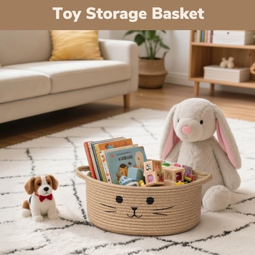 Medium Woven Rope Cat Toy Basket with Cat Face, Jute - color: Jute, size: 13.8"W x 6"H