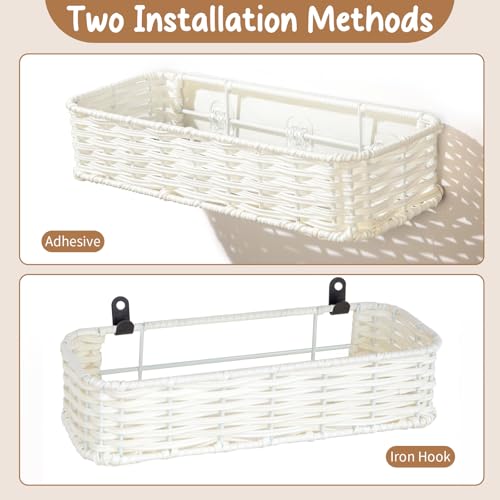 Hanging Wall Basket, Adhesive Wall-Mounted Organizer for Storage, Plastic Wicker Woven Storage Shelves for Kitchen, Bedroom, Bathroom, Livingroom, 2-Pack, Off White Color - color: Off White