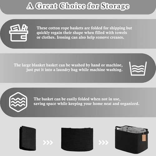 Goodpick 50L Large Woven Rope Storage Basket with Handles, Black - color: Black, size: 18"L x 14"W x 12"H