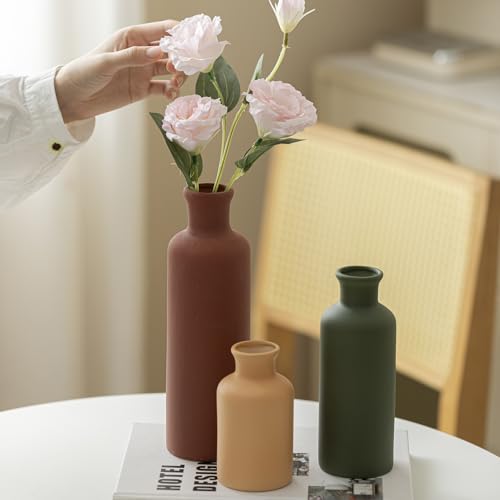 Modern Ceramic Vase Set of 3, Neutral Colors, Decorative Bottles for Home, Farmhouse Rustic Decor, Housewarming Gifts, Wedding Gifts, Bridal Shower Gifts, Birthday Gifts for Women (Green Mix) - color: Green Mix