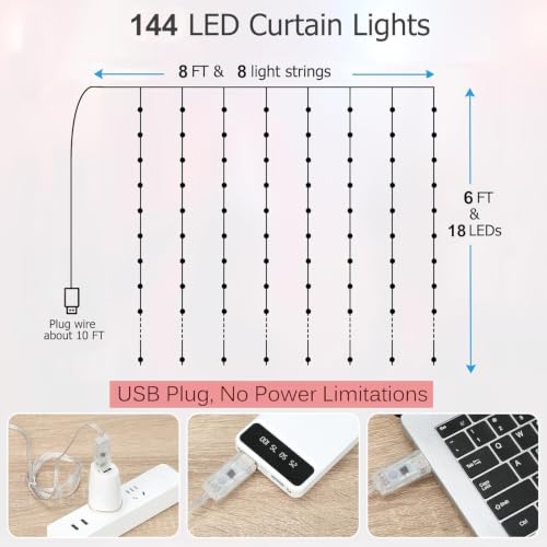 Fairy Curtain Lights 8ft x 6ft, 144 Warm White LED Twinkle Lights - size: 144-LED Warm White 8ft x 6ft