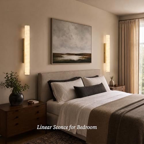 36" Alabaster Wall Sconce, Large Brass Linear Sconce, Modern Bathroom Vanity Light, 3000K Dimmable Faux Alabaster Sconces, Durable Indoor Wall Lamp for Bedroom Living Room, Entryway, Stairs (1 Pack) - color: Gold-36in-1pcs