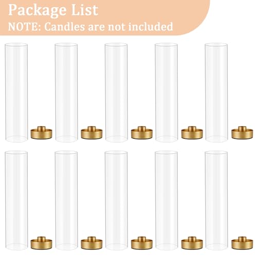 Hurricane Candle Holders Golden Taper Candle Sticks Holder, with 11" Thickened Glass Cylinder Covers Tall Candlesticks Holders Bulk Set of 10, Dining Table Centerpiece for Wedding - color: Clear